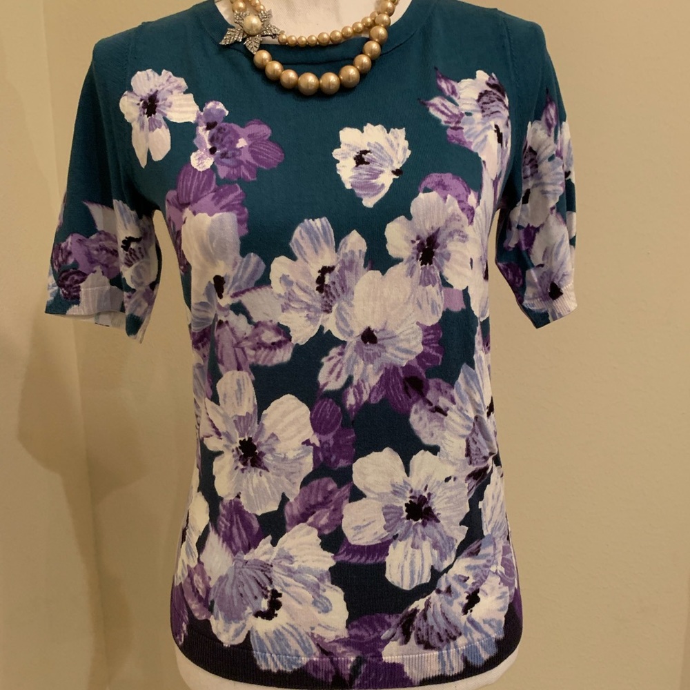 Talbots Knitted Dark Teal Blouse with Purple White
